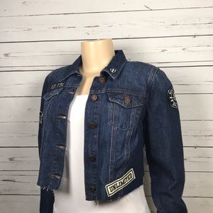NWT Boom Boom Jeans crop jean jacket patches sz M